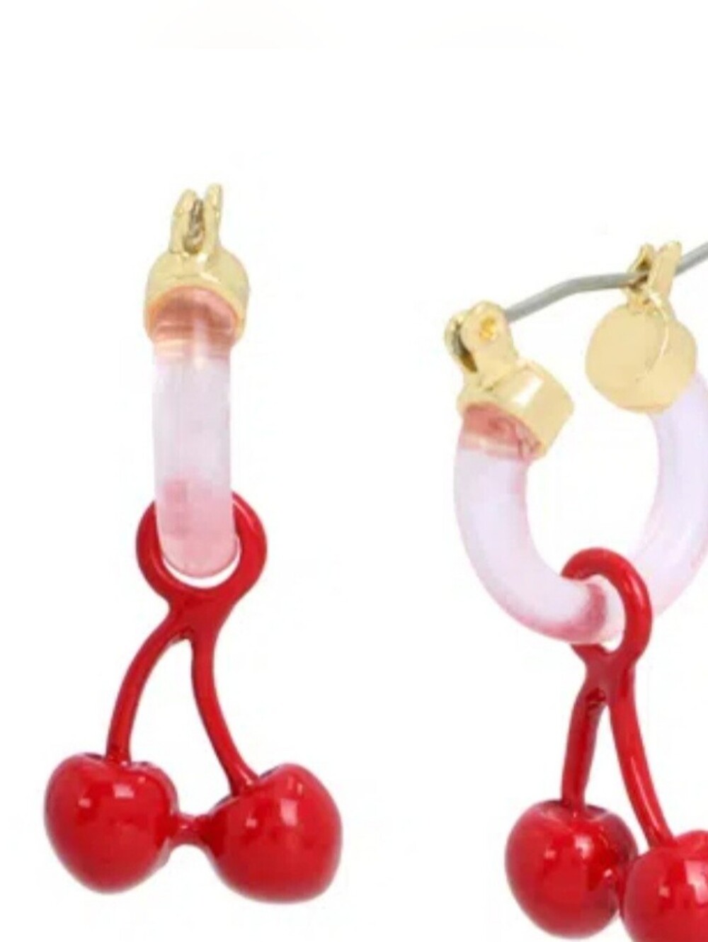 Betsey Johnson Cherry Charm Pink Huggie Hoop Earrings NWT Gold Tone - Picture 4 of 5